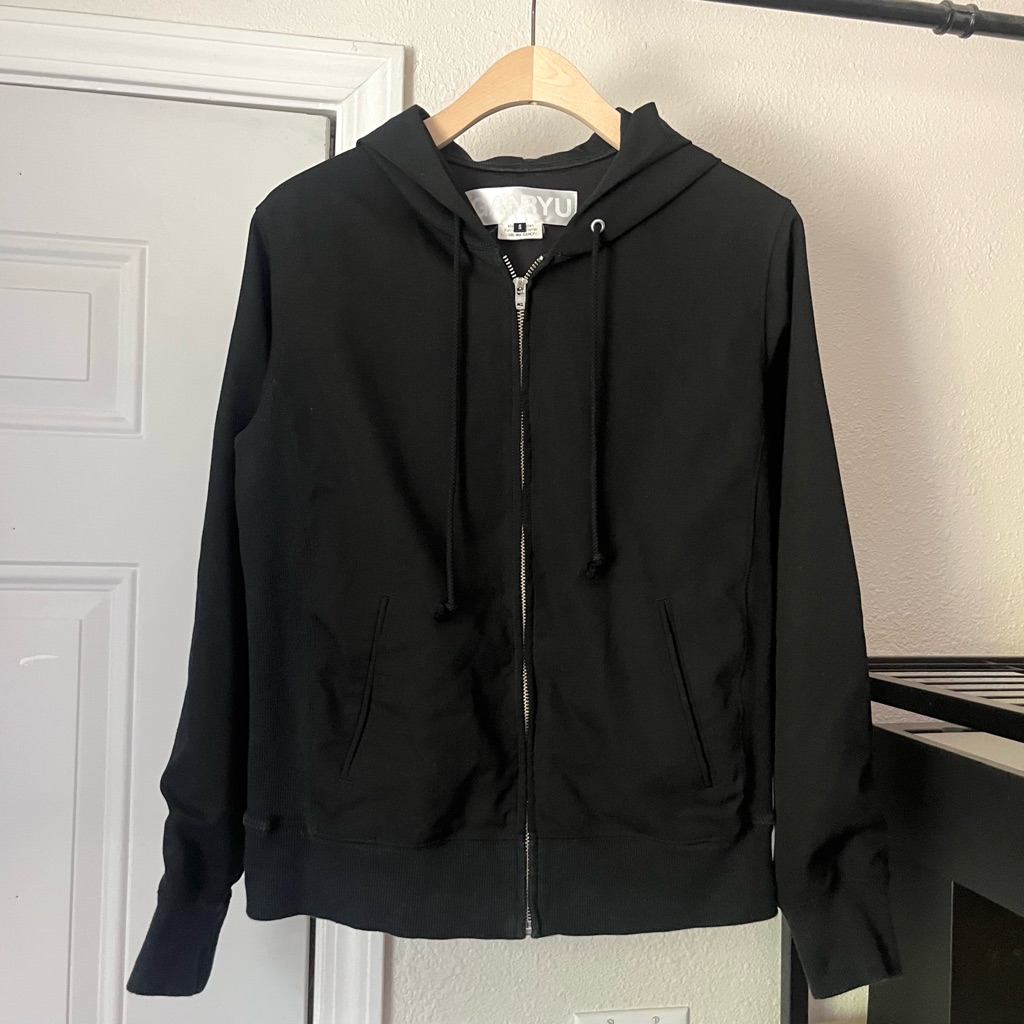 Ganryu Comme Des Garons Black Wool Rib Knit Contrast Zip Up Hoodie Jacket